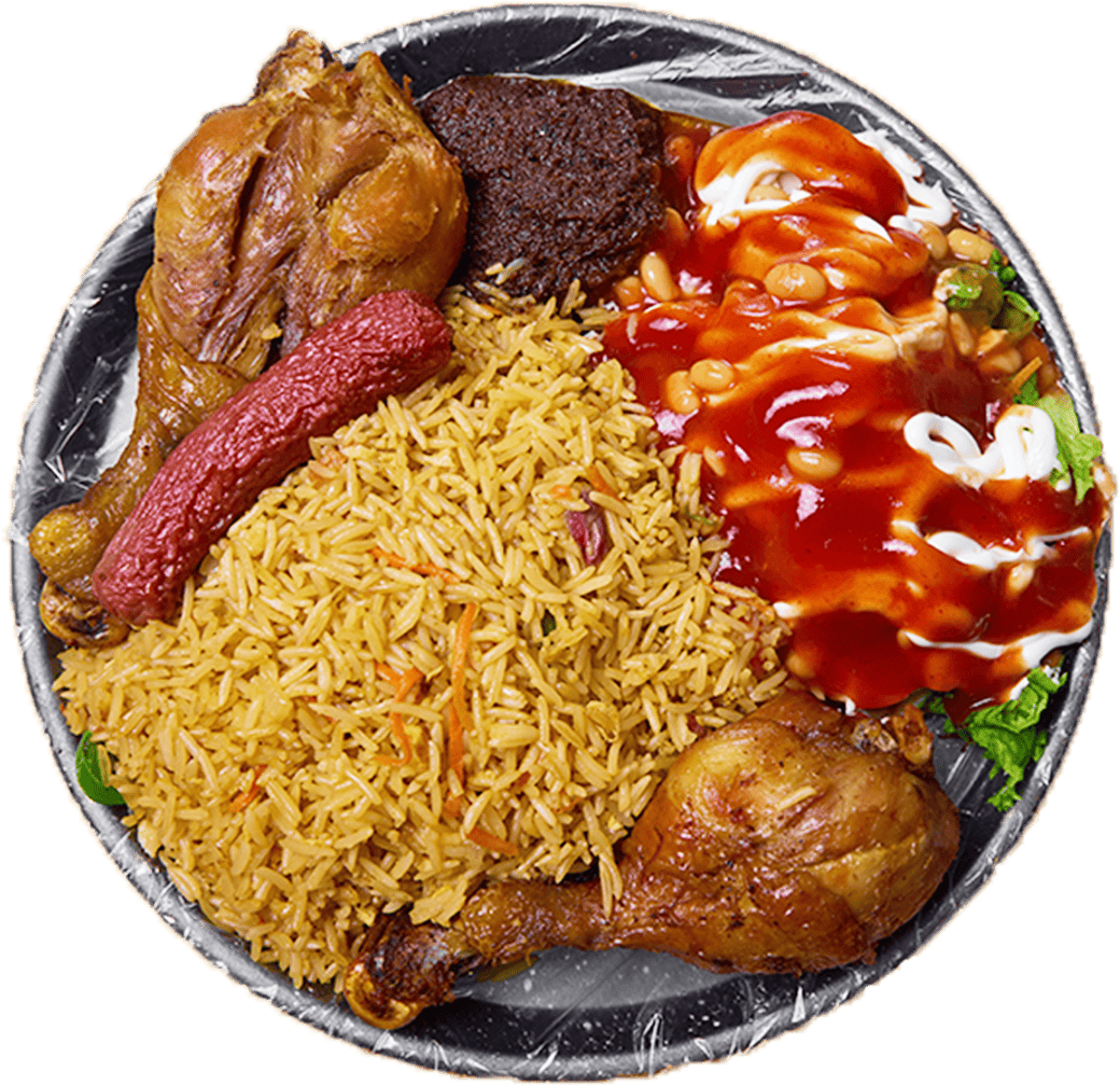 Check Check City fried rice meal with chicken, sausage, egg, beans and salad