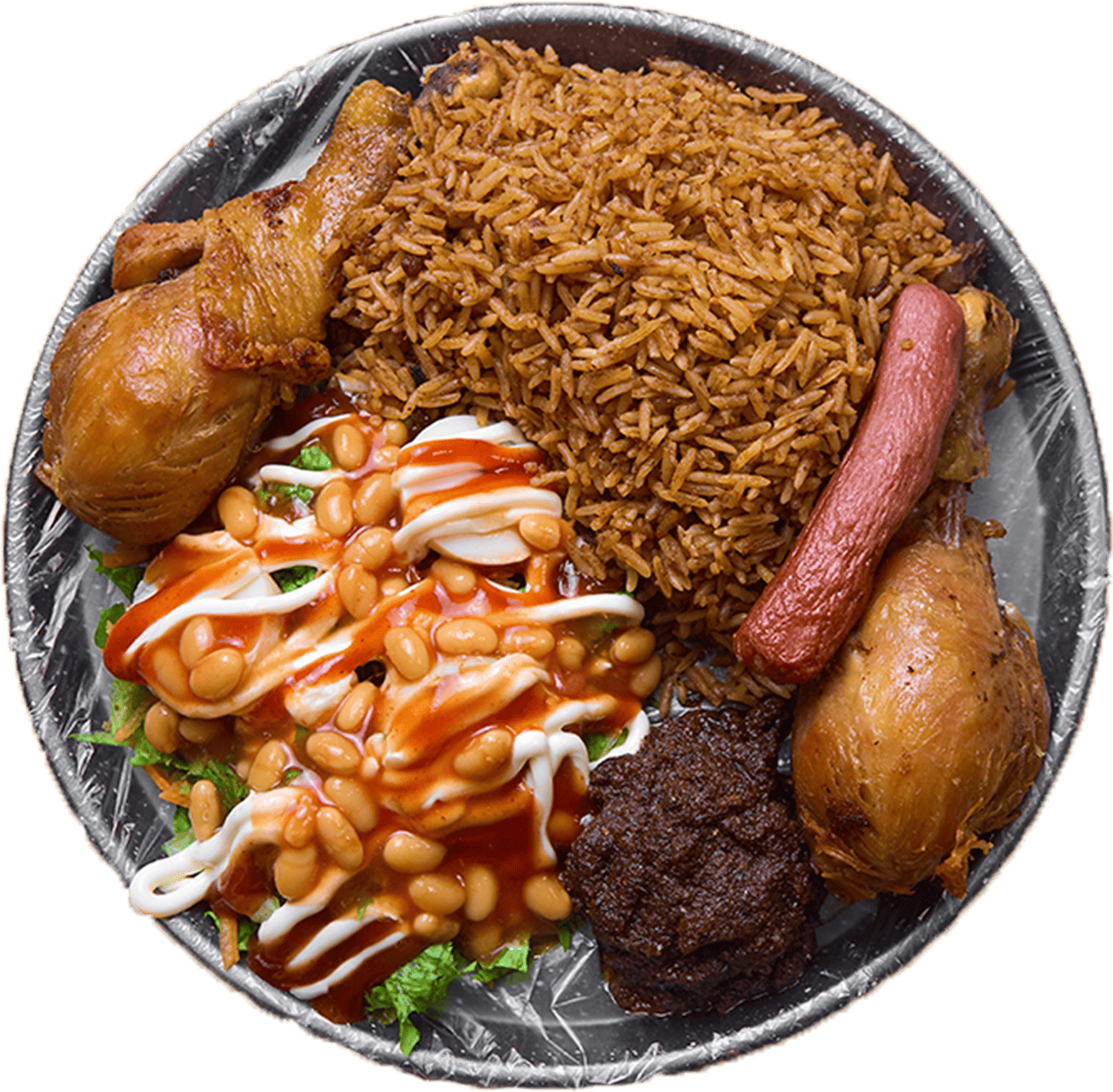 Check Check City jollof rice meal with chicken, sausage, beans and salad