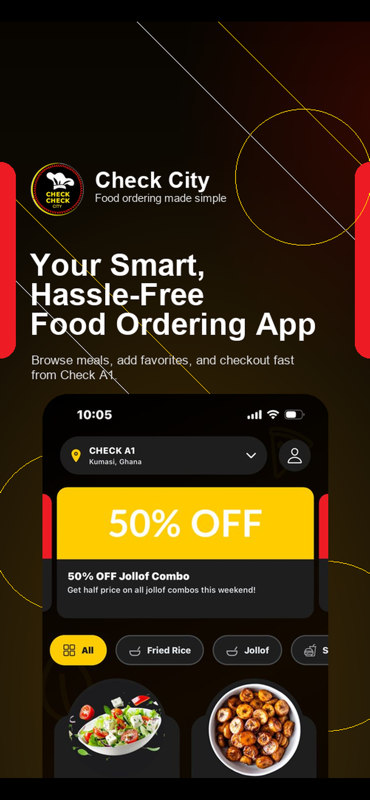 Check Check City app home screen with branch selection, offers and meal categories