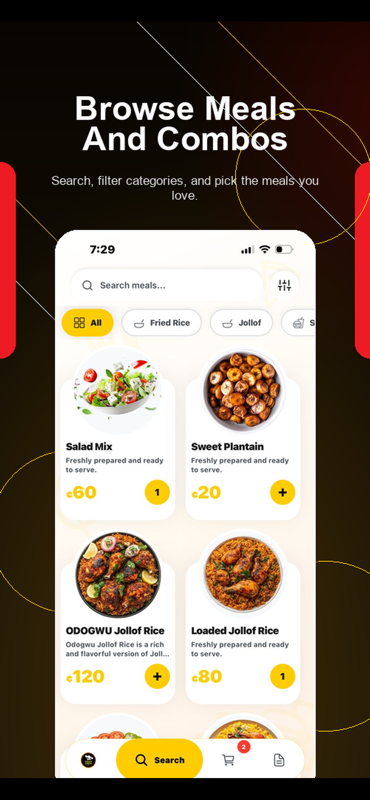 Menu screen with meal search, filters, pictures and prices