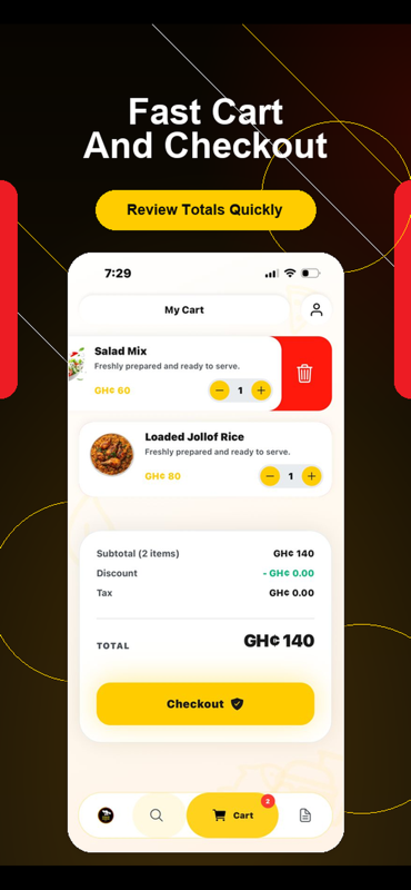 Cart screen showing food items, totals and checkout